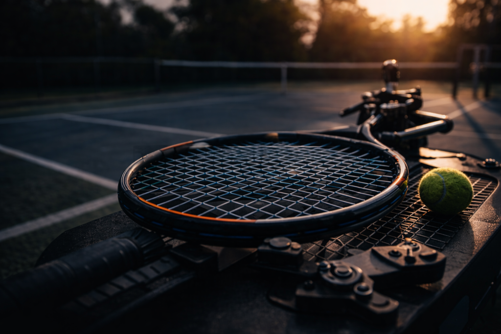 tennis racket on stringing machine with court behind