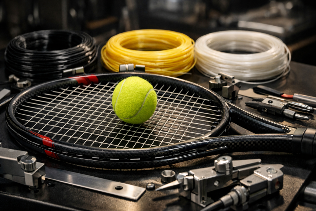 two reels of strings on a tennis racket